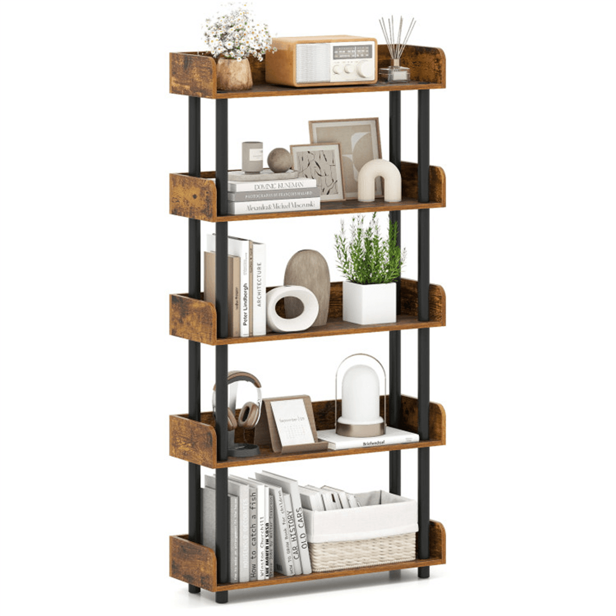 image-Rustic Brown 5-Tier Open Bookcase with Elevated Legs for Home Office