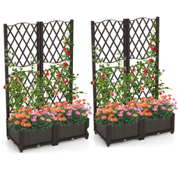 image-Rustic Trellis Planters Set of 2, Garden Boxes for Indoor Outdoor, Self-Watering, Brown