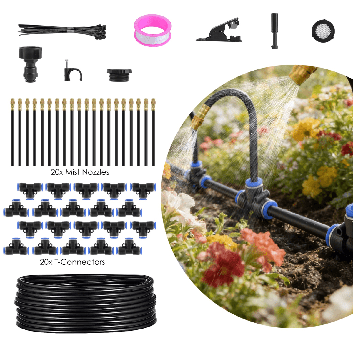 image-Garden Drip Irrigation Kit with 360° Bendable Misting Nozzles Automatic Garden Automatic Watering System for Garden Lawn Greenhouse Flower Bed Greenhouse Patio Lawn Cooling
