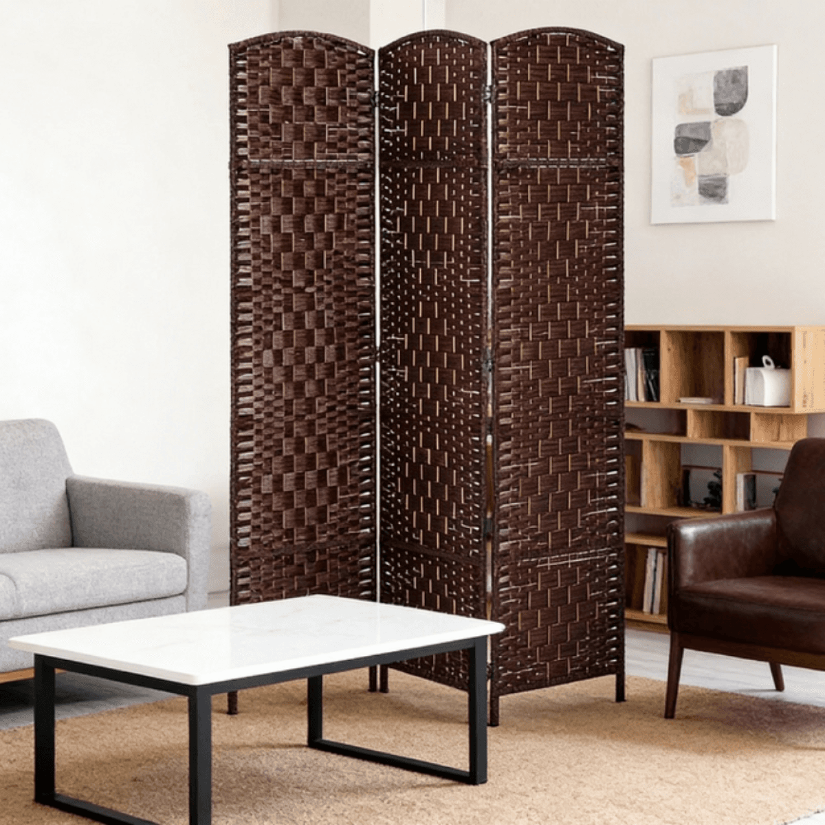 image-Room Divider 3-Panel Folding Screen Brown Wicker