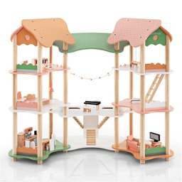 image-3-Tier Dollhouse with 7 Rooms & 31 Furniture, Corner MDF+Pine Wood Toy