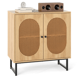 image-Natural PE Rattan Buffet Cabinet with 3-Level Adjustable Shelf, Boho Style & Soft-Close Hinges