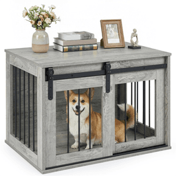 image-Dog Crate Furniture with Sliding Barn Door - Gray 31.5"