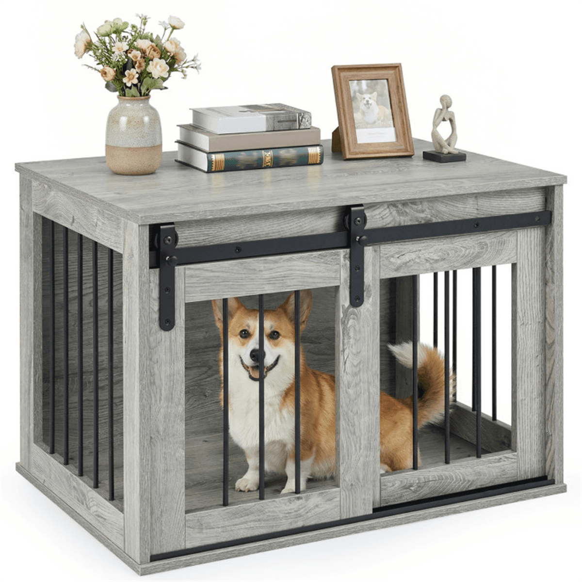 image-Dog Crate Furniture with Sliding Barn Door - Gray 31.5"