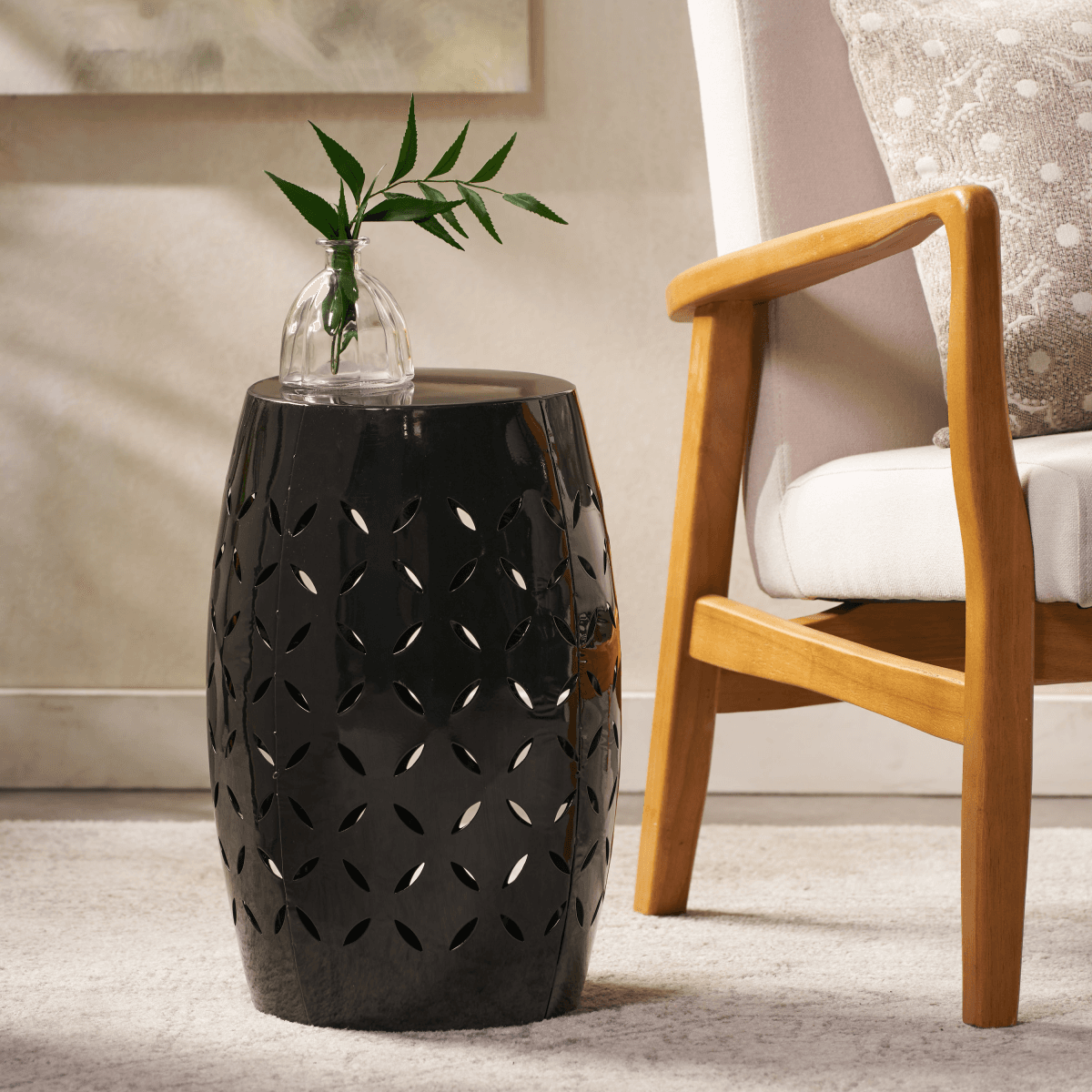 image-Accent Side Table, Cylindrical Industrial Style, 12" Black, Indoor Outdoor (Character count: 65)