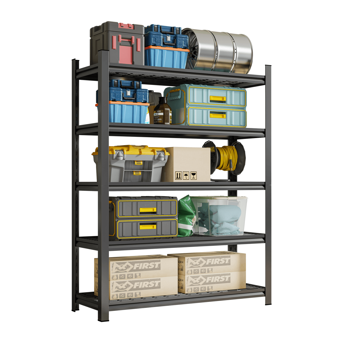 image-Garage Five Story Shelf, Capable Of Accommodating 2500 LBS, Adjustable Metal Shelf, Black, Requires Assembly, 71.2 "H x 47.24"L x 23.62 "D