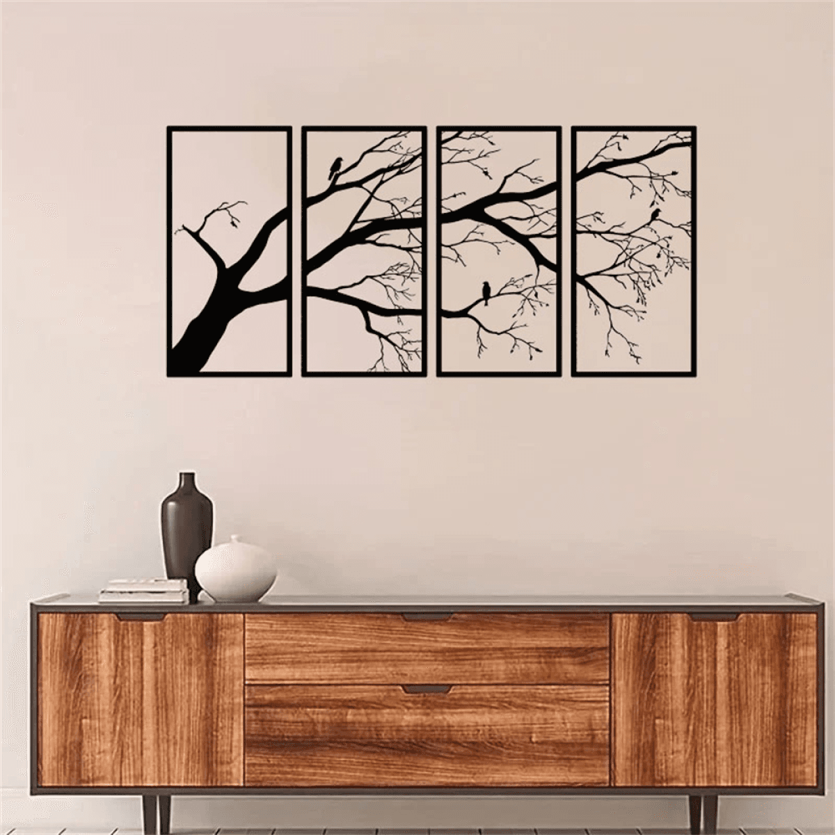 image-Modern Aluminum Four-Piece Bird & Branch Wall Art - Minimalist Home Decor
