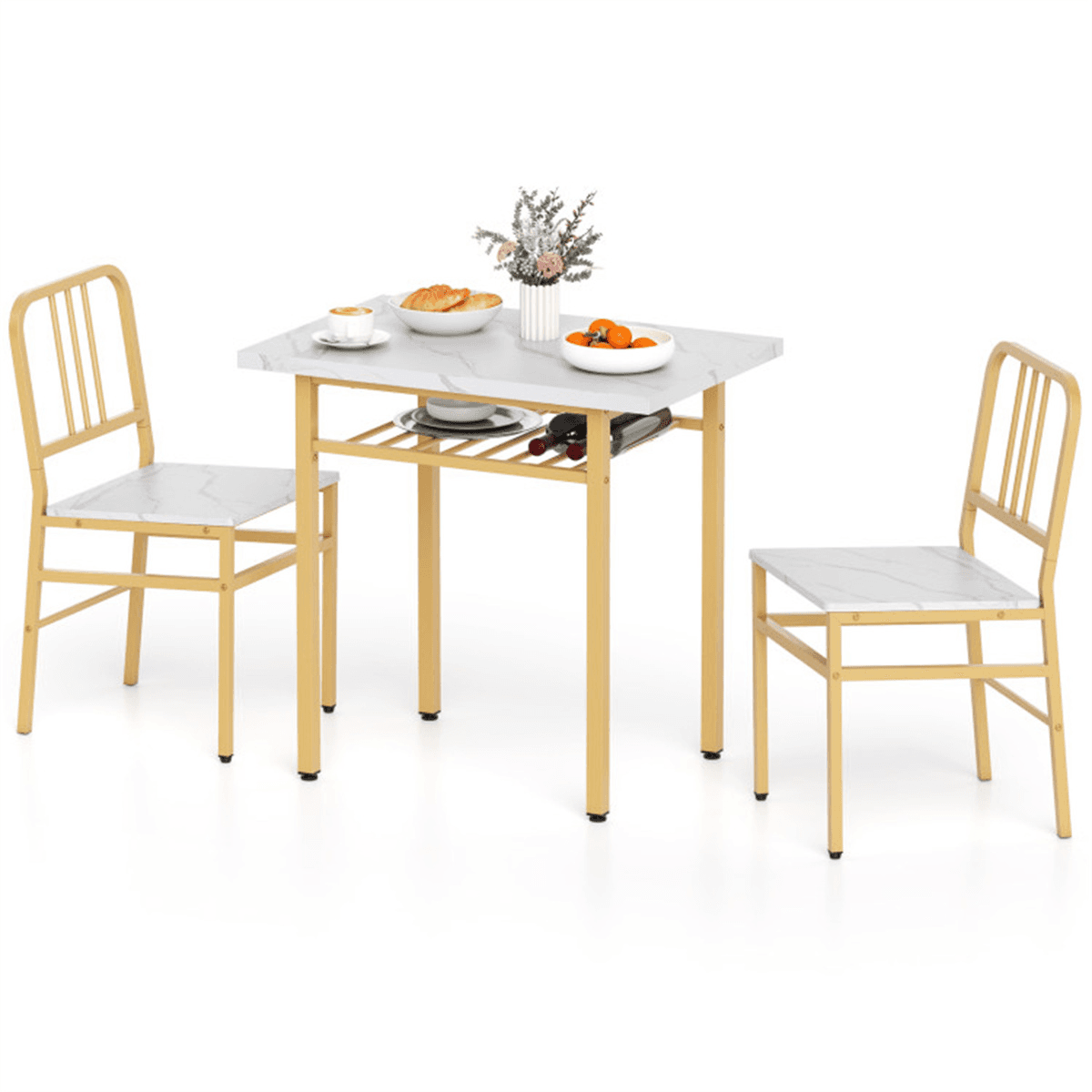 image-3-Piece Dining Table Set (White + Gold), Space-Saving Tuck-under Chair Design