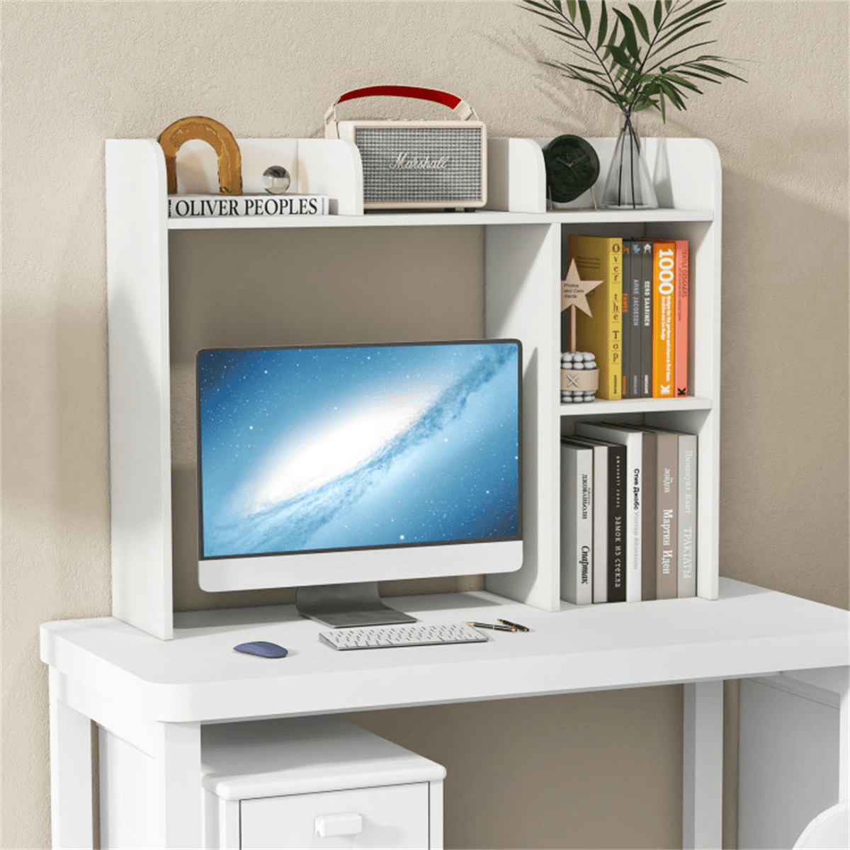 image-White Engineered Bookshelf for 27'' Monitor, 94x25x74cm Wood Desk Hutch 100lbs Capacity
