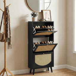 image-Rattan-fronted 3-Tier Shoe Cabinet, Black 54x24x135cm Particleboard