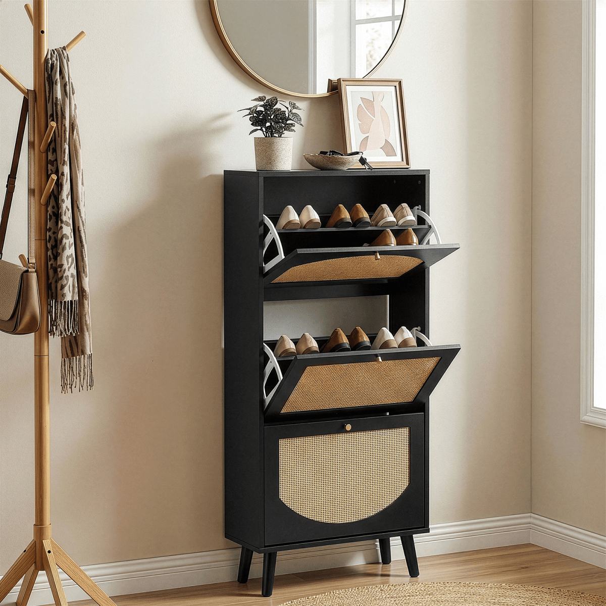 image-Rattan-fronted 3-Tier Shoe Cabinet, Black 54x24x135cm Particleboard