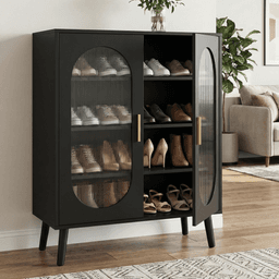image-Black Shoe Cabinet with LED USB Light, 4-Tier Shelves, 24-Key Adjustable Lighting, 68x40x83.5 cm