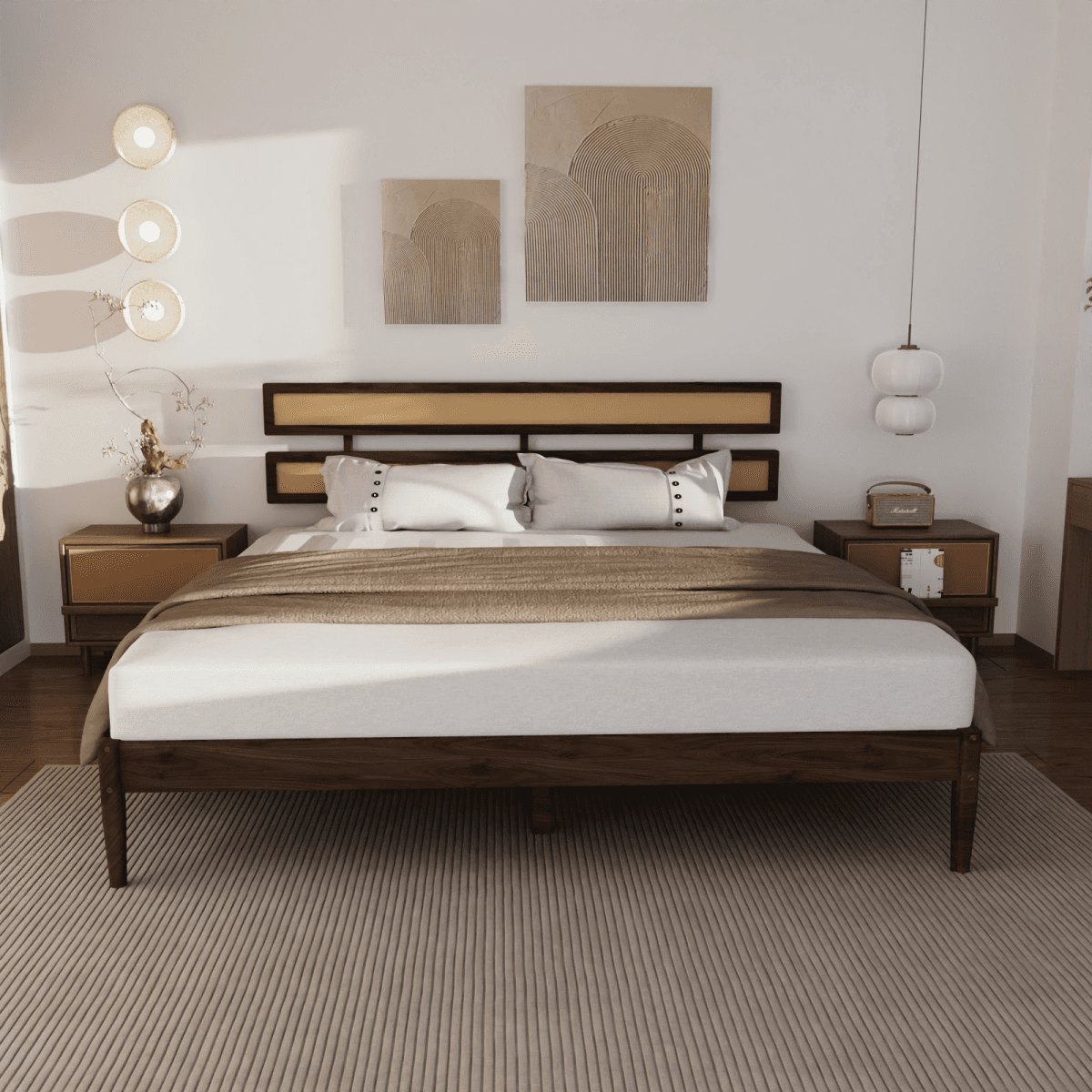 image-Bohemian King Size Bed - Dark Walnut Pine & Rattan Headboard
