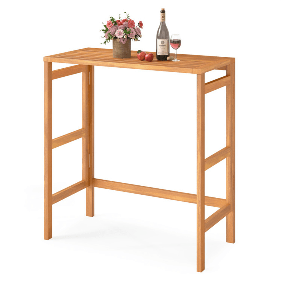 image-Natural Acacia Wood Foldable Patio Bar Table, Space-Saving Pub Design (65 characters)