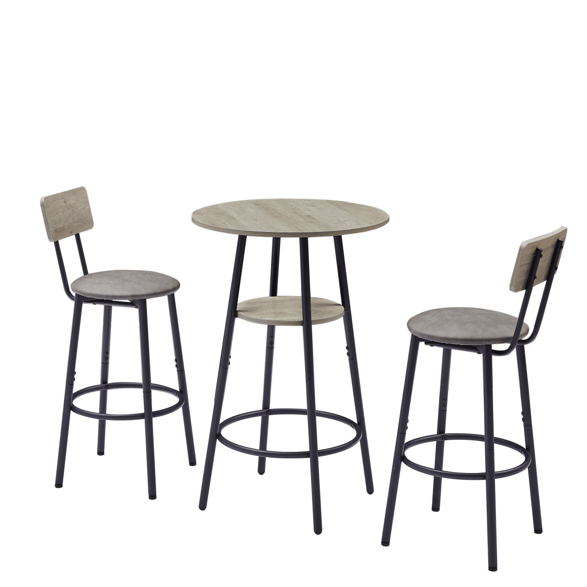 image-Round Bar Stool Set with Shelf - Upholstered Grey, 23.6" x 23.6" x 35.4"