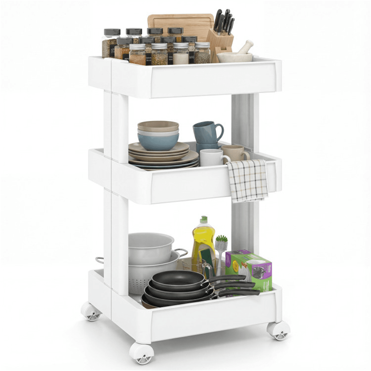 image-3-Tier Rolling Storage Cart - DIY 15.5"x14.5"x30" with Trays for Kitchen & Bathroom