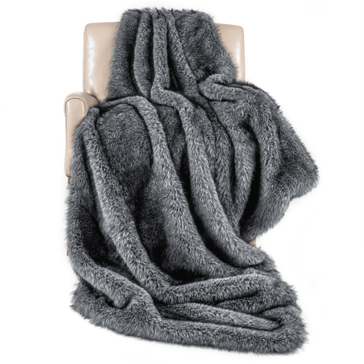 image-Faux Wolf Fur Throw Blanket 60"x80" Gray 740GSM Fleece Lined