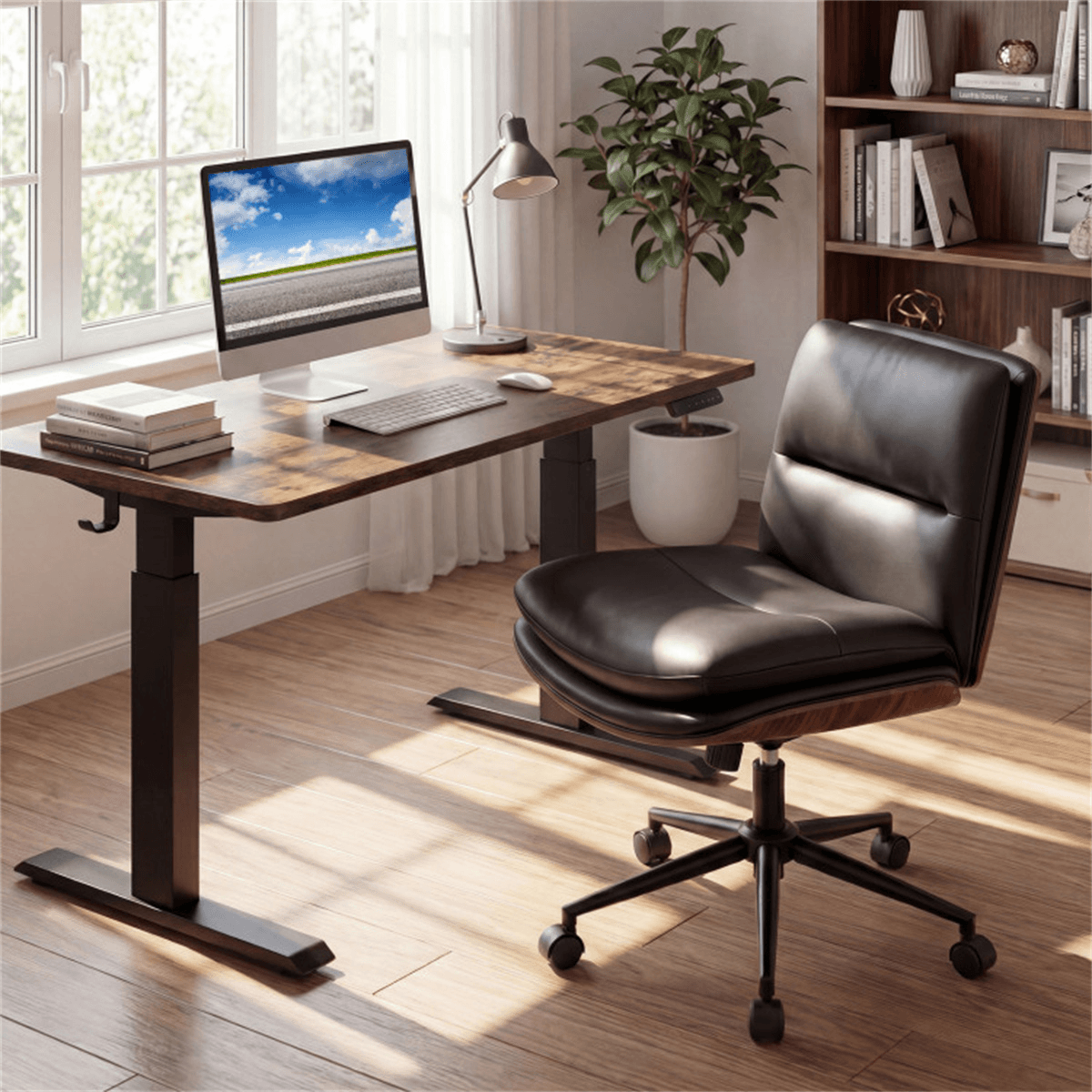 image-Black Armless Office Chair , Curved Backrest & Wide Seat, 360° Swivel & Rocking Function