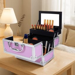 image-Makeup Train Case - Pink 9"x6"x6" Aluminum Organizer with Mirror