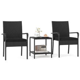 image-3-Piece Black PE Wicker Bistro Set with 2-Tier Side Table - Outdoor Patio Furniture