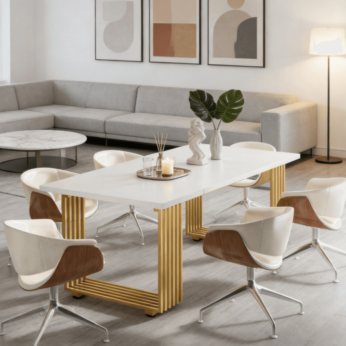 image-Elegant Office Desk - Chic White & Gold - 70.86" W x 31.1" D