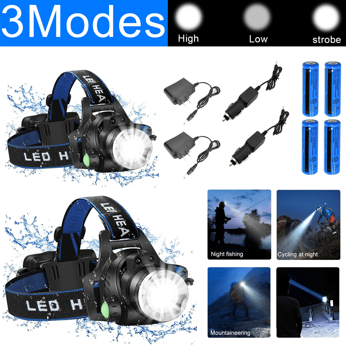 image-Rechargeable LED Headlamp Set 2-Pack - Camping, Hiking, Work Light (2x Battery + Charger)