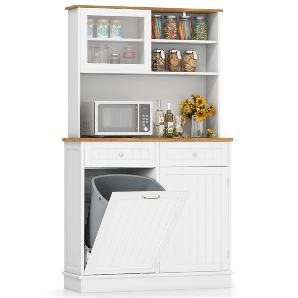 image-68" Trash Cabinet with Storage - White & Natural Wood
