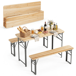 image-Foldable Picnic Table 47" with 2 Benches, Fir Wood Outdoor Dining Set, Metal Frame Patio Garden