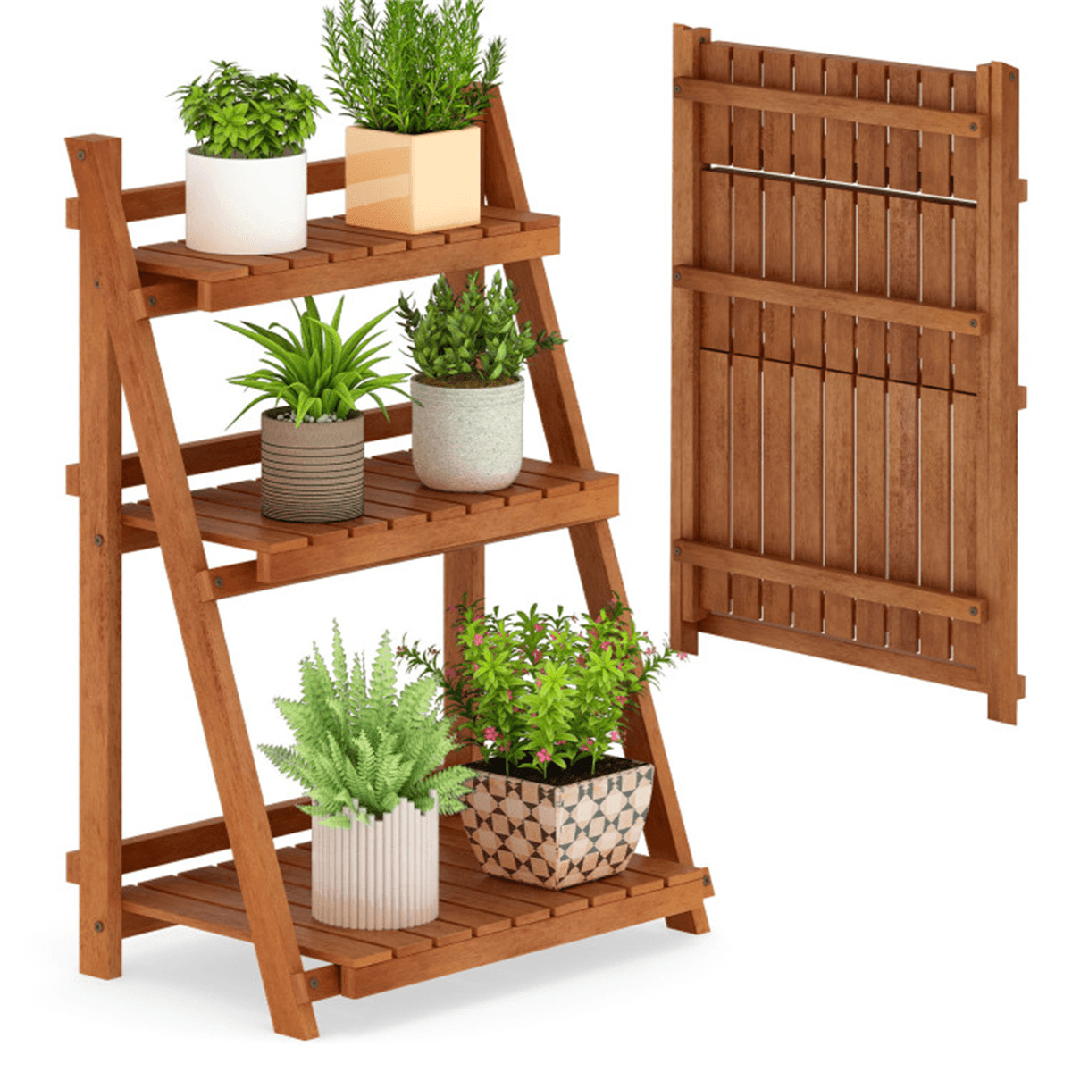 image-Acacia Wood 3-Tier Ladder Plant Stand - Foldable 24"