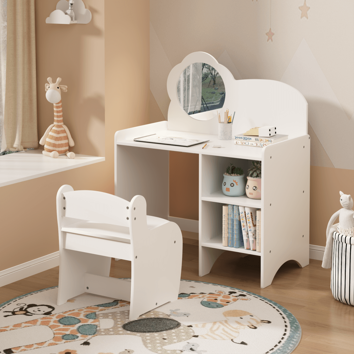 image-Kids Vanity Table - White, Wooden Dresser with Mirror & Chair, Storage Shelves, Playroom Furniture