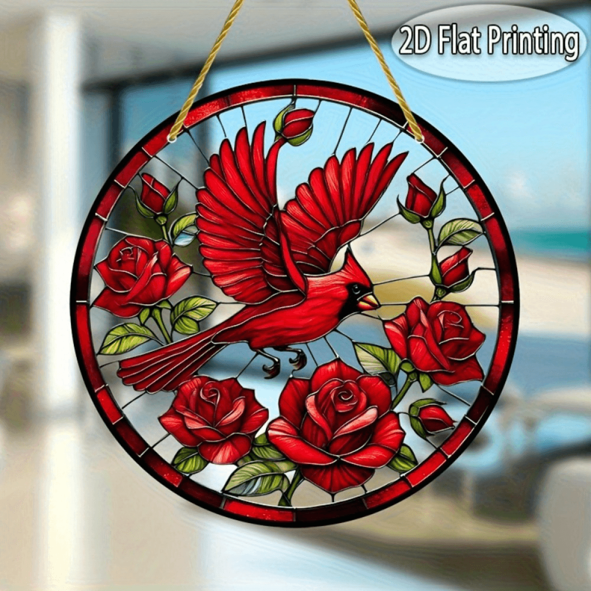image-Retro Red Bird Sun Catcher Colorful Pendant Festive Decoration 20x20cm