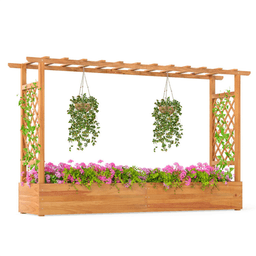 image-Wooden Raised Garden Bed, 77" x 17" x 45", Pine Wood, Open-Ended Trellis