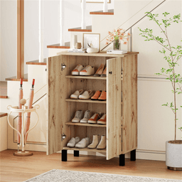 image-Farmhouse Wooden Shoe Organizer, 4-Tier, Anti-Tip, Natural/Black