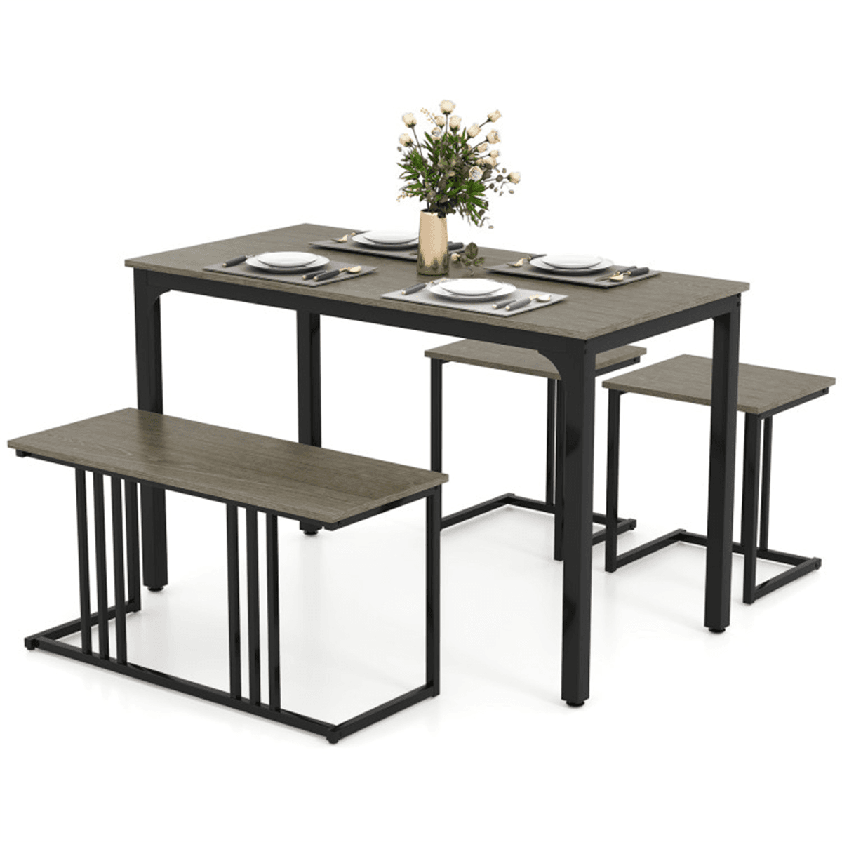 image-4-Piece Dining Table Set with Bench & 2 Stools - Oak