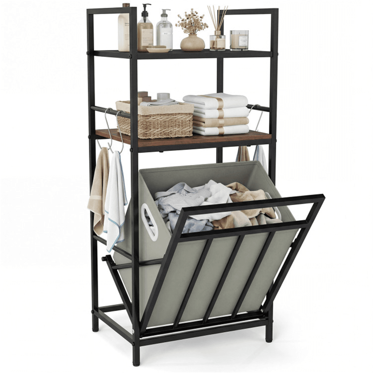 image-Black + Rustic Brown Tilt-Out Hamper, Metal & Wood Shelves, 4 S-Hooks