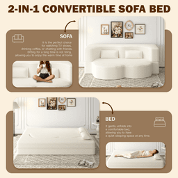 image-Modern Floor Sofa with 2 Pillows,Convertible Corduroy Fabric Foam-Filled Sleeper Sofa Bed,15" Twin Size Folding Mattress for Living Room,Guest Bed,Playroom,no assembly required,Beige/White