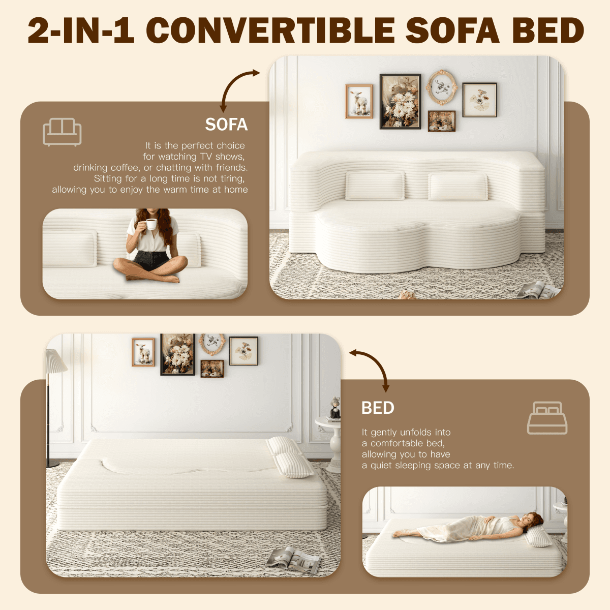 image-Modern Floor Sofa with 2 Pillows,Convertible Corduroy Fabric Foam-Filled Sleeper Sofa Bed,15" Twin Size Folding Mattress for Living Room,Guest Bed,Playroom,no assembly required,Beige/White