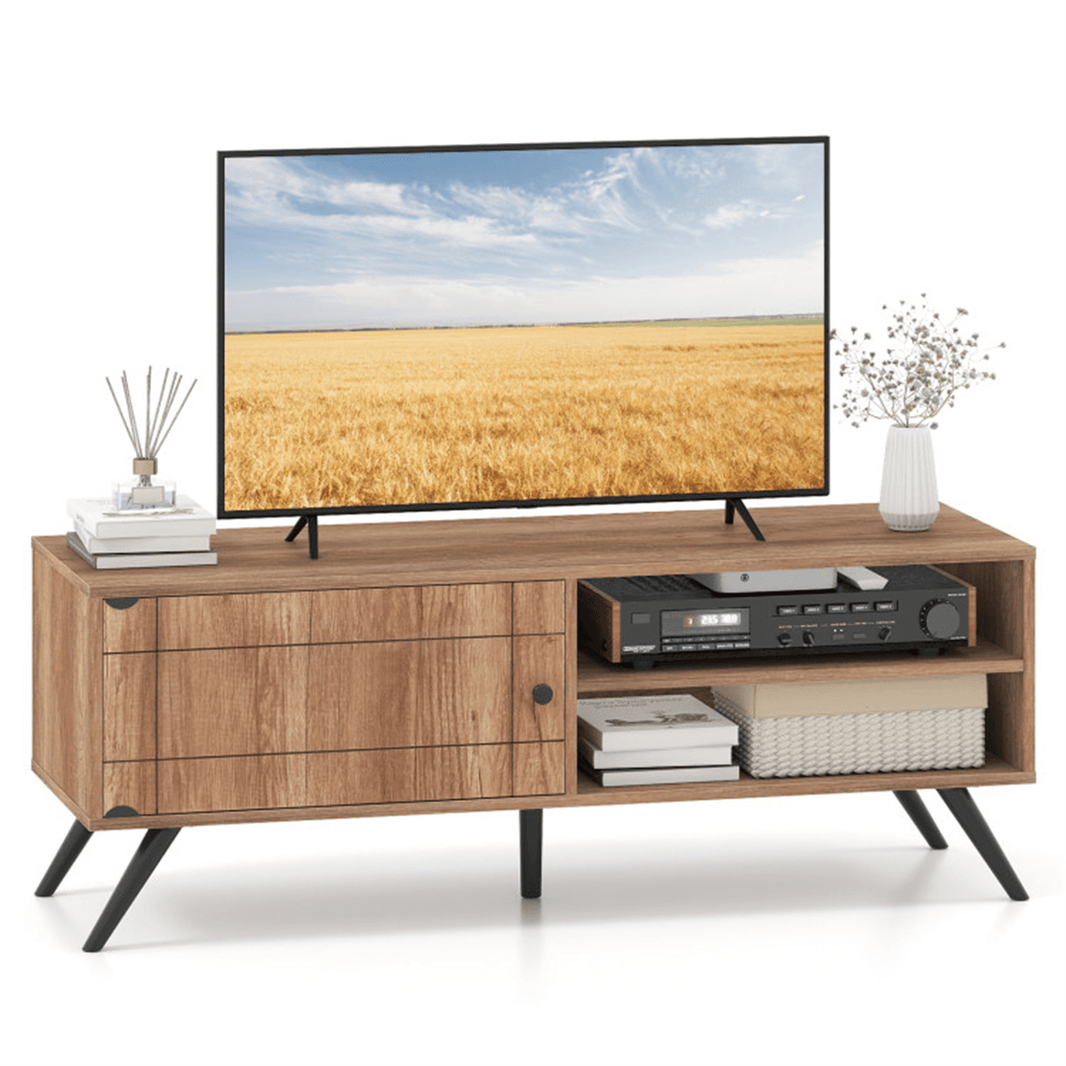 image-Mid-Century Oak TV Stand for 55" TVs, 210 lbs Storage Cabinet with Cable Management
