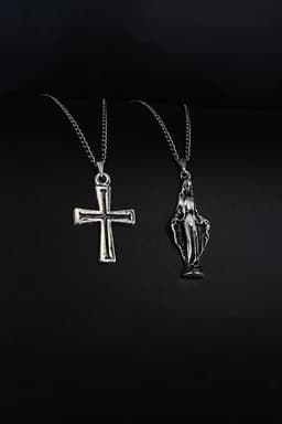 image-2 Piece Cross and Virgin Mary Necklace Set Men Religious Style Jewelry