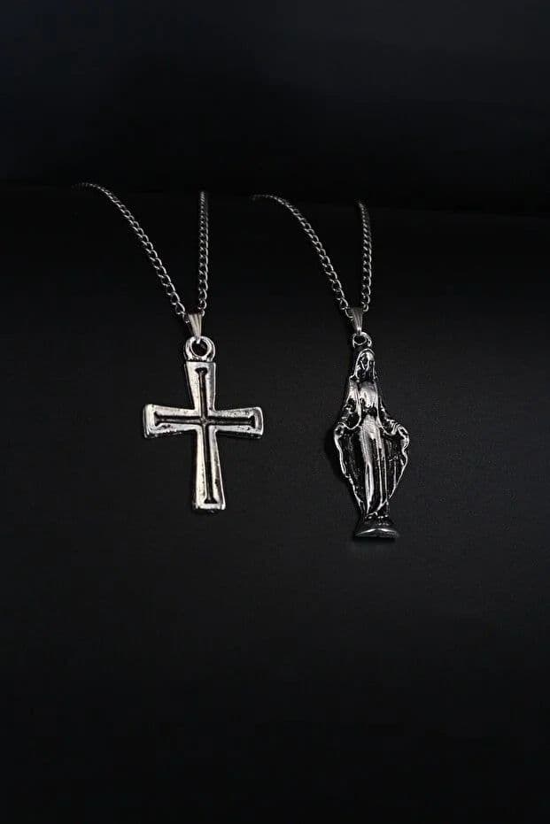 image-2 Piece Cross and Virgin Mary Necklace Set Men Religious Style Jewelry