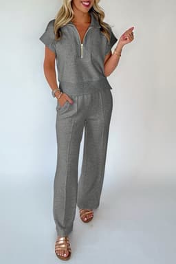 image-Light Grey Half Zip Polo Tee Casual Pant Set