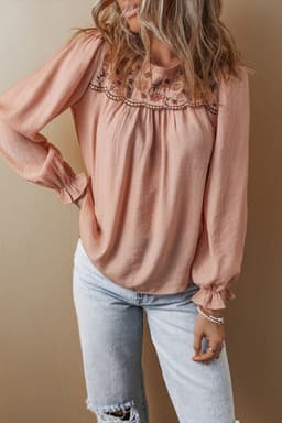 image-Pink Floral Embroidered Blouse - Flounce Sleeve Elegant Top