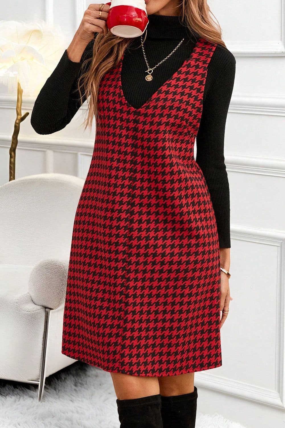 image-Red Houndstooth Print V Neck Sleeveless Mini Dress