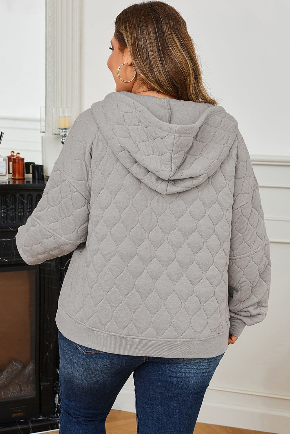 image-Gray Quilted Quarter Zip Plus Size Hoodie