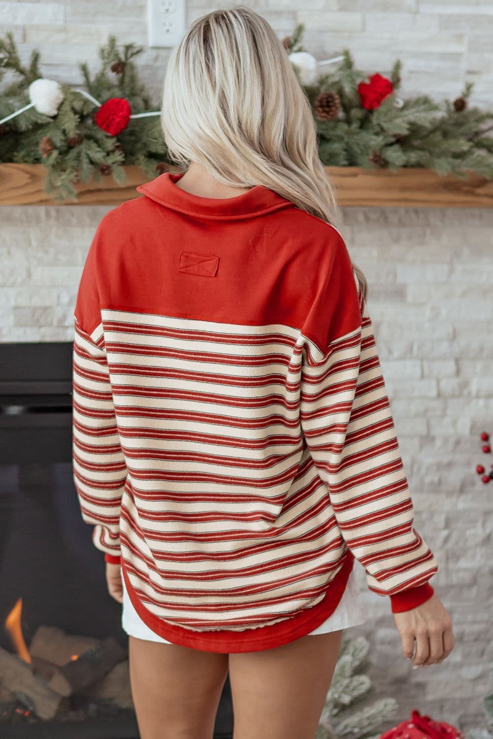 image-Red Stripe V-Neck Collared Button Top - Drop Shoulder