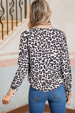 image-Multicolour Leopard Print Contrast Patchwork Cuffs Button Collared Top