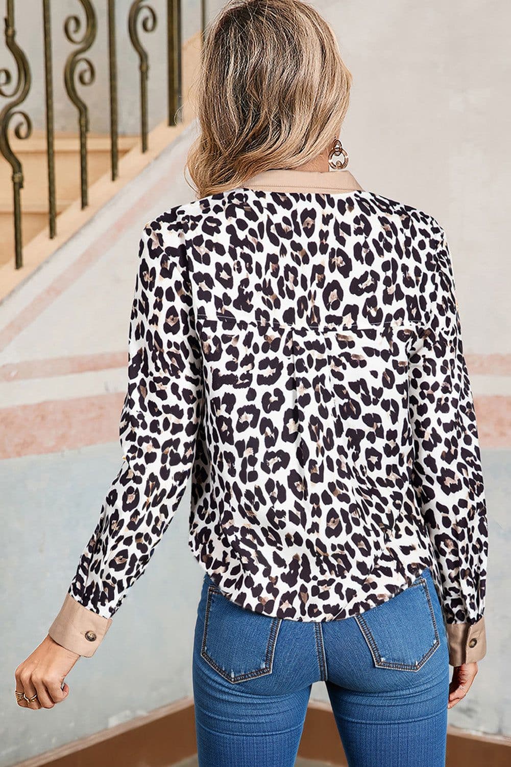 image-Multicolour Leopard Print Contrast Patchwork Cuffs Button Collared Top