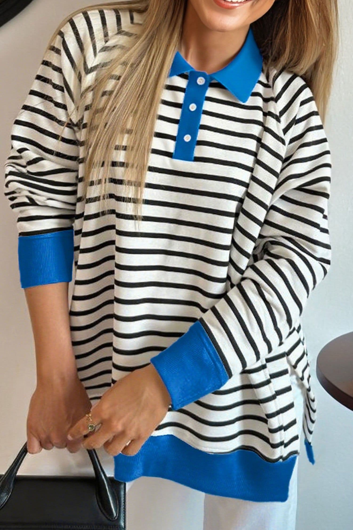 image-Black Stripe Color Block Patchwork Button Polo Collar Side Slit Sweatshirt