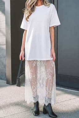 image-White Floral Patchwork Short Sleeve T Shirt Loose Maxi Dress