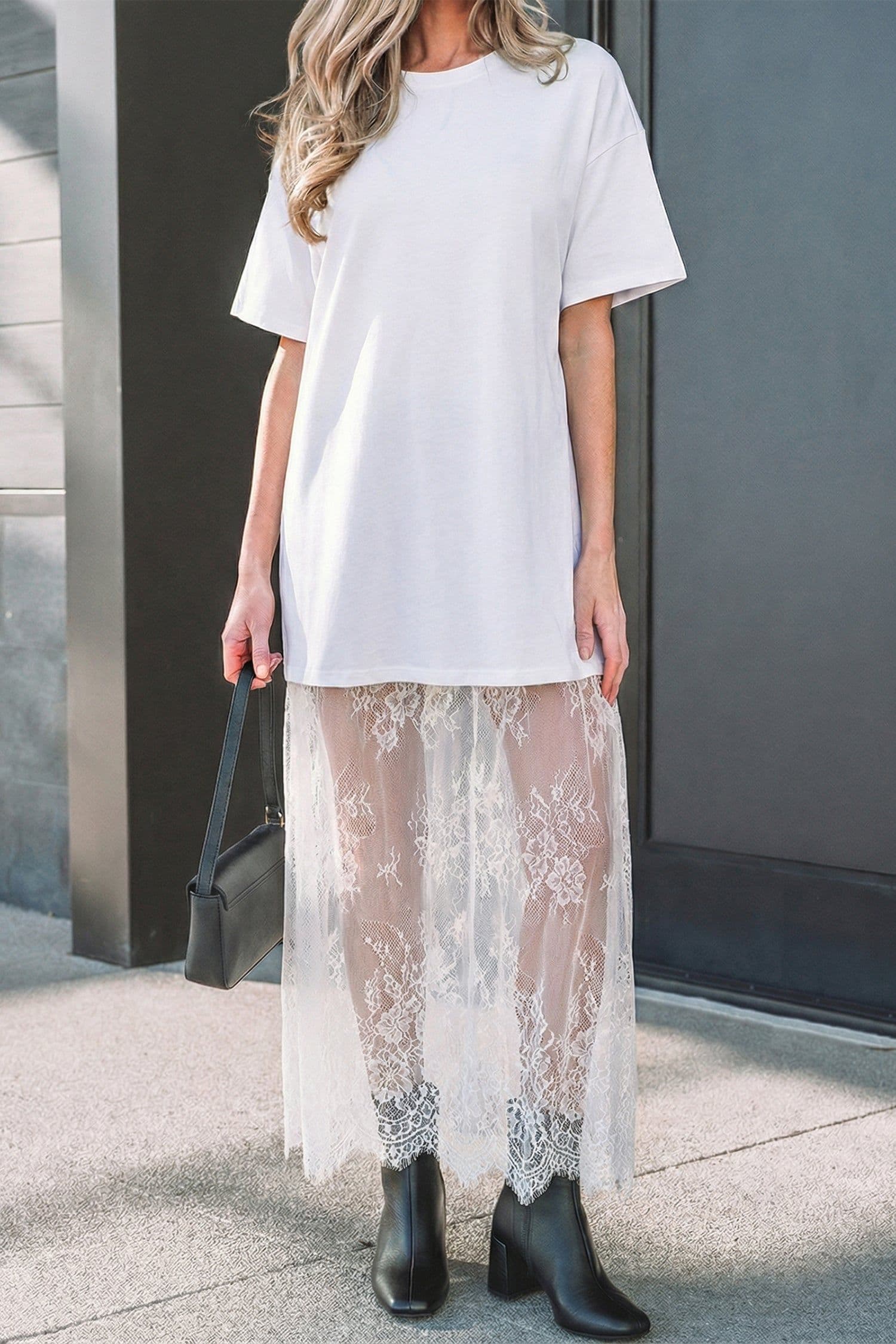 image-White Floral Patchwork Short Sleeve T Shirt Loose Maxi Dress